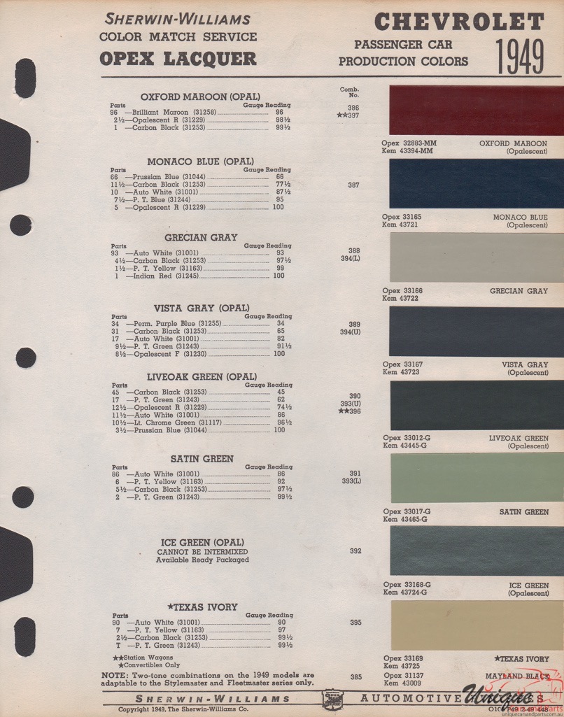 1949 Chev Paint Charts Williams 1
